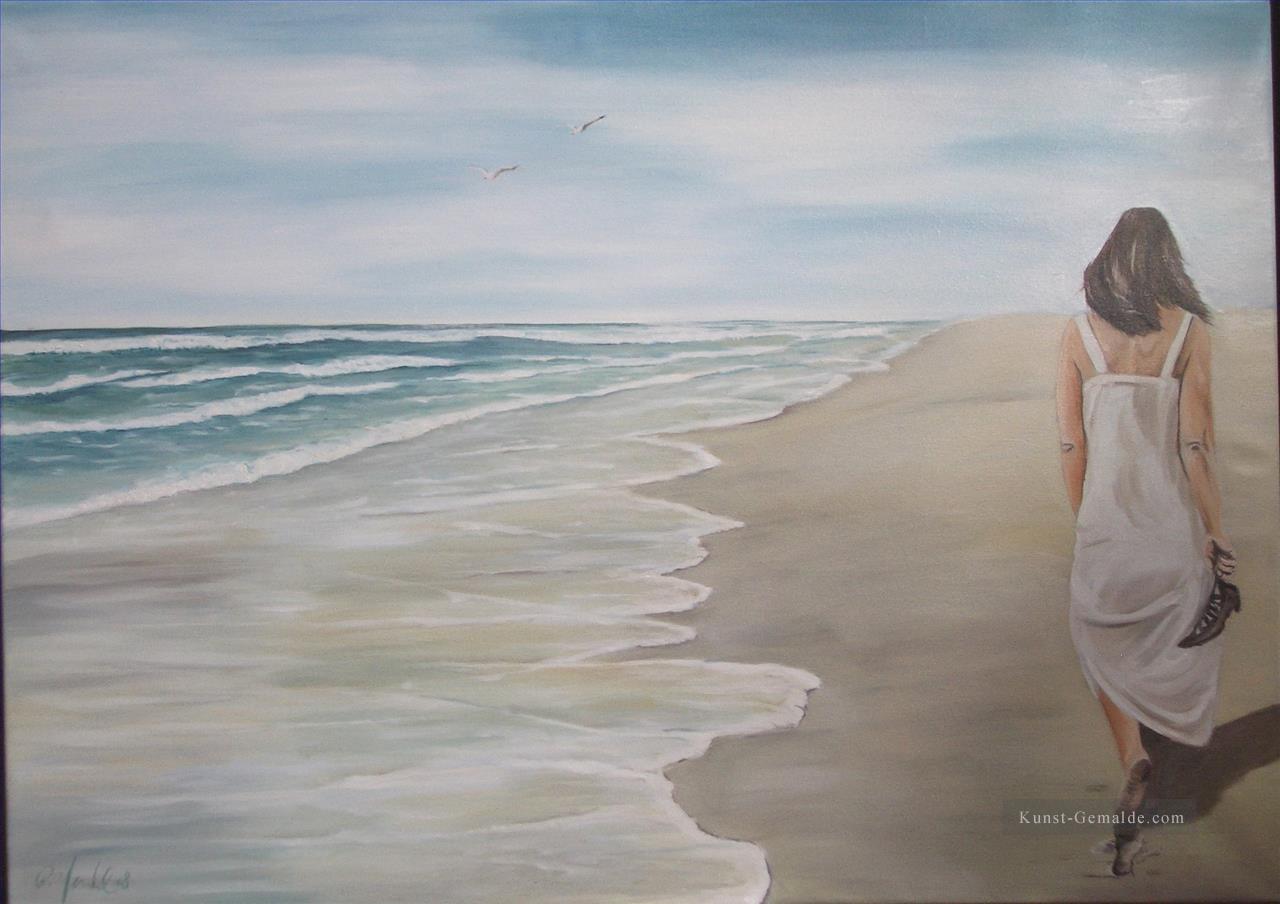 Frau zu Fuß am Strand Wasserzeichen Ölgemälde